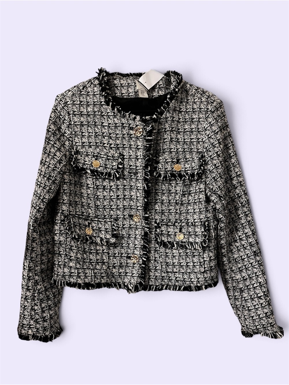 Joie Black and White Tweed Fringe Jacket
